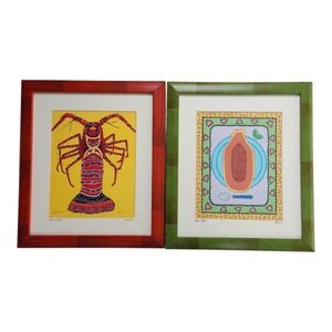 Vintage Debbie Cooper Belize Signed Framed Art Prints Set 2 Lobster Papaya
